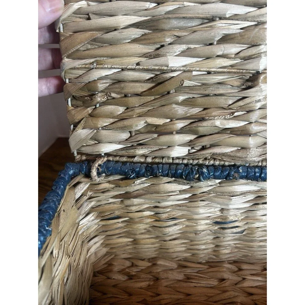 Woven Lidded Storage Basket Natural Blue Boho Bathroom Organizer Decorative Box